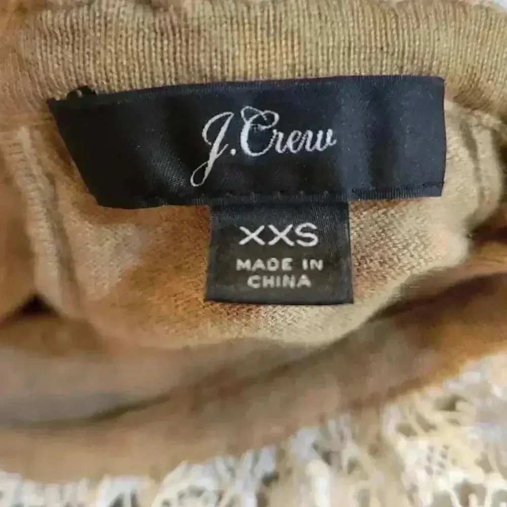 J. Crew Women's Heather Tan Merino Wool Lightweight Knit Antique Lace Collar Lon
